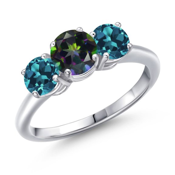 Gem Stone King 925 Sterling Silver Green Mystic Topaz and London Blue Topaz Engagement Ring for Women | 2.40 Cttw | Round 6MM | Gemstone November Birthstone | Size 9