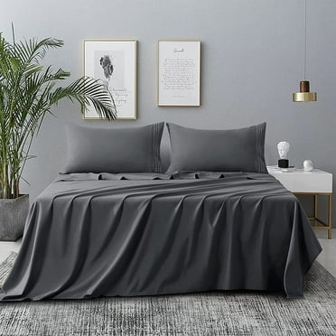King Bed Sheets Set 1800 Series 4-Piece Embroidered Double Brushed Microfiber Sheets 16" Deep Pocket Hotel Soft Luxury Bedding Sheet Set, Wrinkle Resistant, Dark Grey/Gray