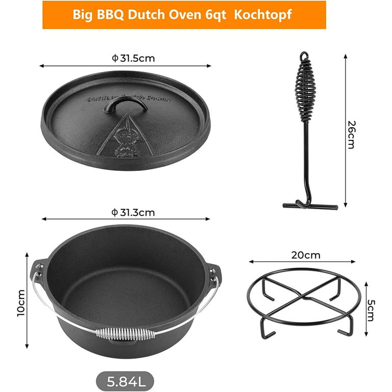 LIFERUN Dutch Oven Pot with Lid, 8 Quart Cast Iron Dutch Oven, Without Feet, with Stand & Spiral-Shaped Handle, Cast Iron Pot for Outdoor & Indoor
