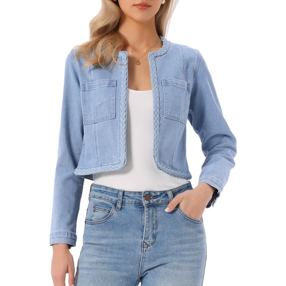 DARING DIVA Women's Collarless Long Sleeve Open Front Cropped Jean Jacket XS Light Blue