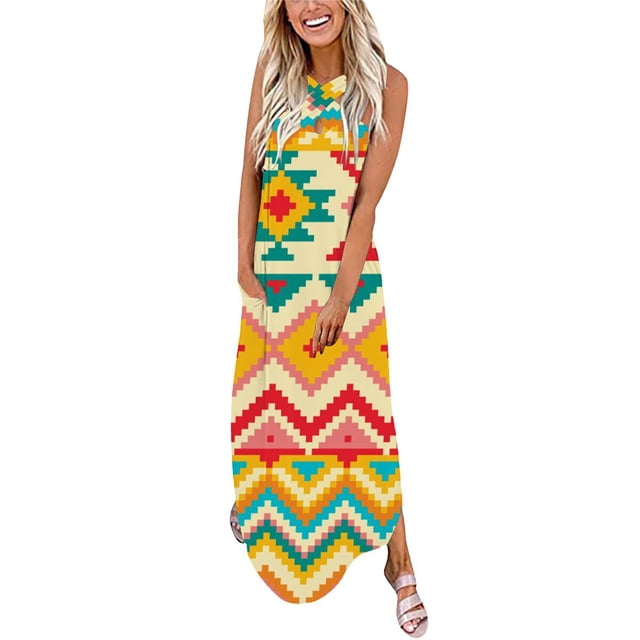 SMihono Robe Maxi Bohème d'Été pour Femmes Grande Taille Décontractée Col en V Sans Manches Imprimée Ample Robe Longue + Poche Robe de Plage