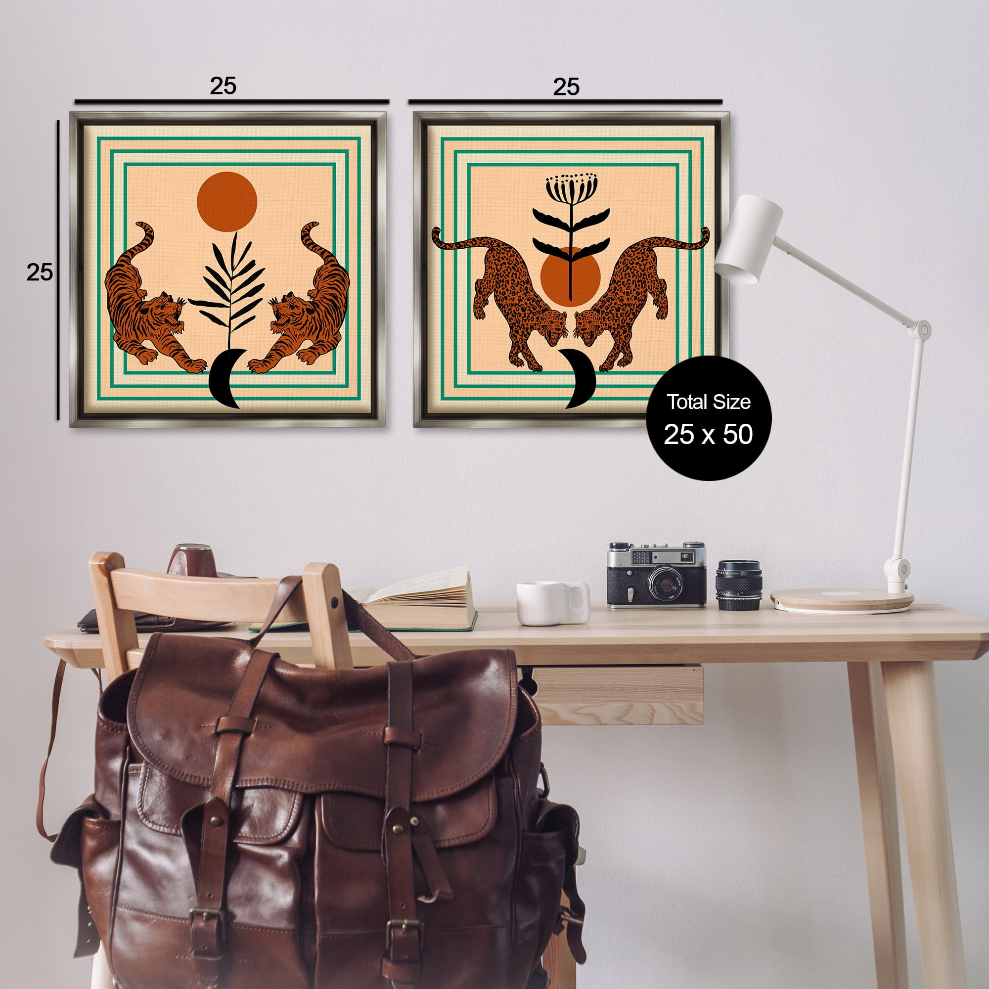Stupell Industries Boho Symmetrical Wild Cats Animals Painting Gray Floater Framed Canvas Art Print Wall Art, 25 x 25, Set of 2