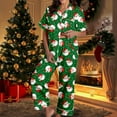 thumbnail image 2 of Cnbwig Satin Pajama Sets for Womens Christmas Santa Printed Short Sleeve Button Down Top with Straight Leg Loose Pants for Holiday E-Green S, 2 of 6