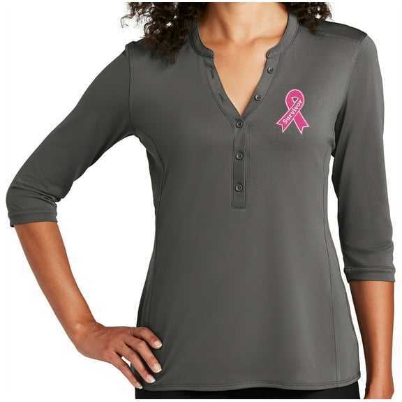 Women's Breast Cancer Survivor Ribbon Patch 5-button 3/4 Sleeve Henley Shirt, 2XL Sterling Grey
