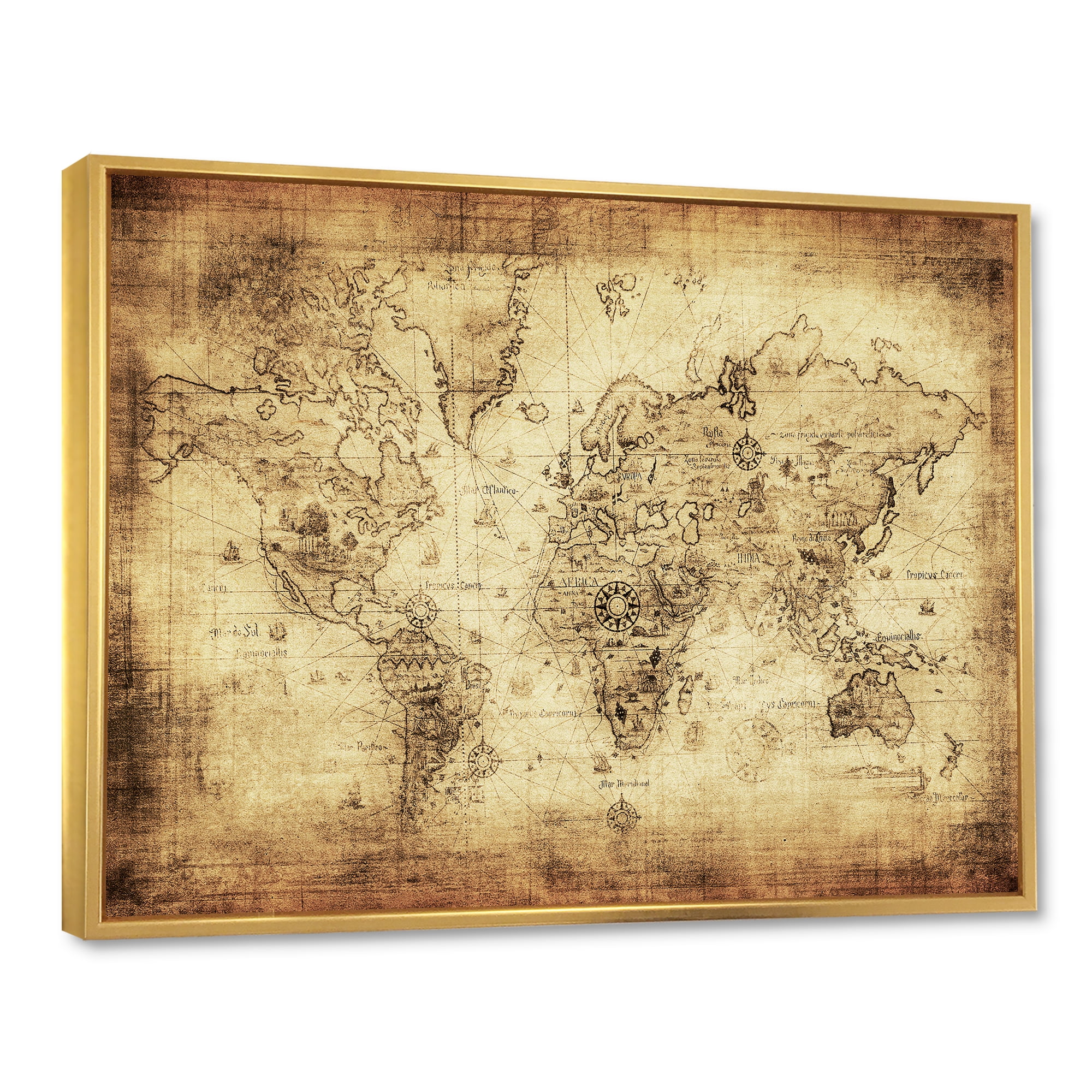 Designart 'Ancient World Map IV' Vintage Framed Canvas Wall Art Print