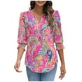 thumbnail image 4 of Tops for Women under $5 3/4 Sleeve V-Neck Elastic Cuffs Printed Casual T-Shirt Hot Pink S, 4 of 6