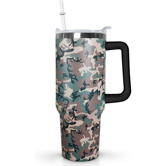Camo Tumbler with Handle Lid and Straw, Hunting Gifts for Men Women,40 oz Camo Tumbler Travel Coffee Cup Mug Water Botter