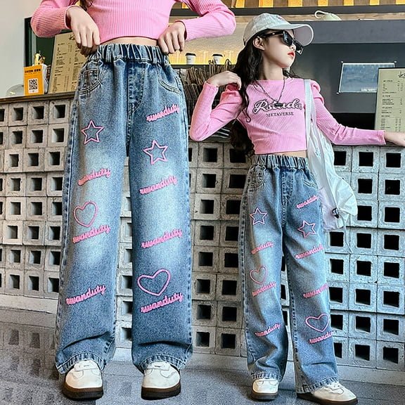 GBSYEWXS Toddler Children Girls Denim Pant Wide Leg Elastic Waist Star Embroidery Relaxed Distressed Trendy Blue Jeans Size 5 Years--6 Years