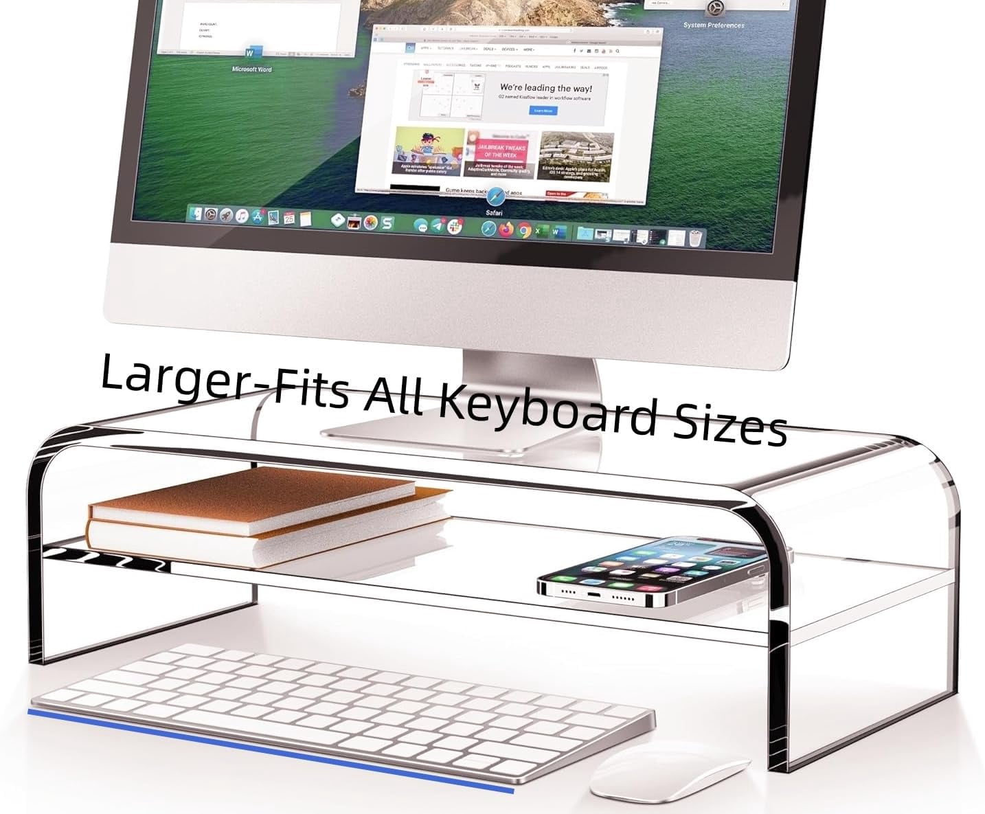 Acrylic Monitor Stand - 16/20 inch 2 Tier Riser for iMac, PC, Desktop, Laptop, TV with Storage Shelf, Home Office Desk Organizer (20in)