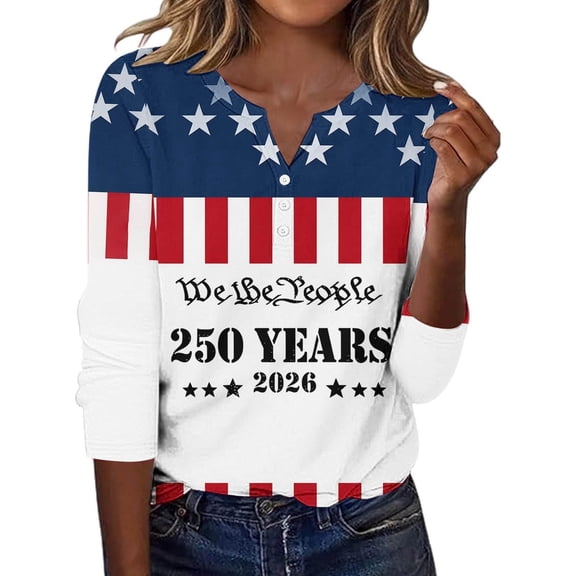 USA 250th Anniversary Shirt Women's Stars and Stripes Patriotic Graphic Tee Short Sleeve Top Fourth of July Celebration National Day Commemorative Shirt V Neck Three Quarter Sleeve White L