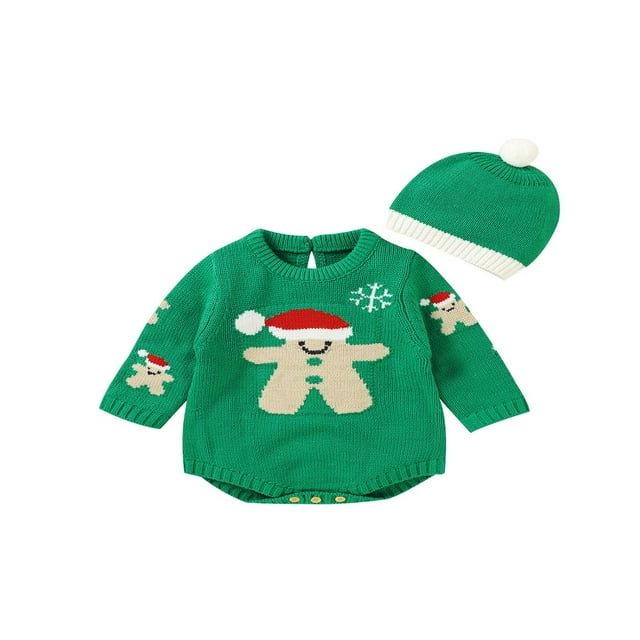MesaSe Infant Baby 2PCS Christmas Outfits Long Sleeve Neck Knit Romper + Beanie Hat Set