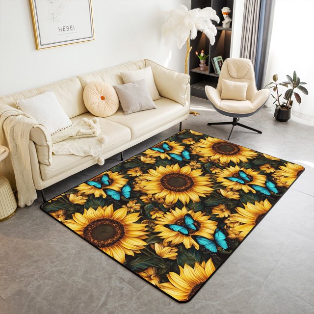 Erosebridal Botanical Sunflower Rugs For Bedroom 5x7,Butterfly Living Room Decor,Golden Blue