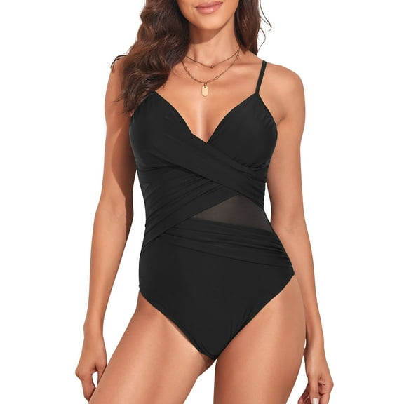 Hilor Women's Wrap One Piece Swimsuit V Neck Swimwear Surplice Mesh Tummy Control Bathing Suit