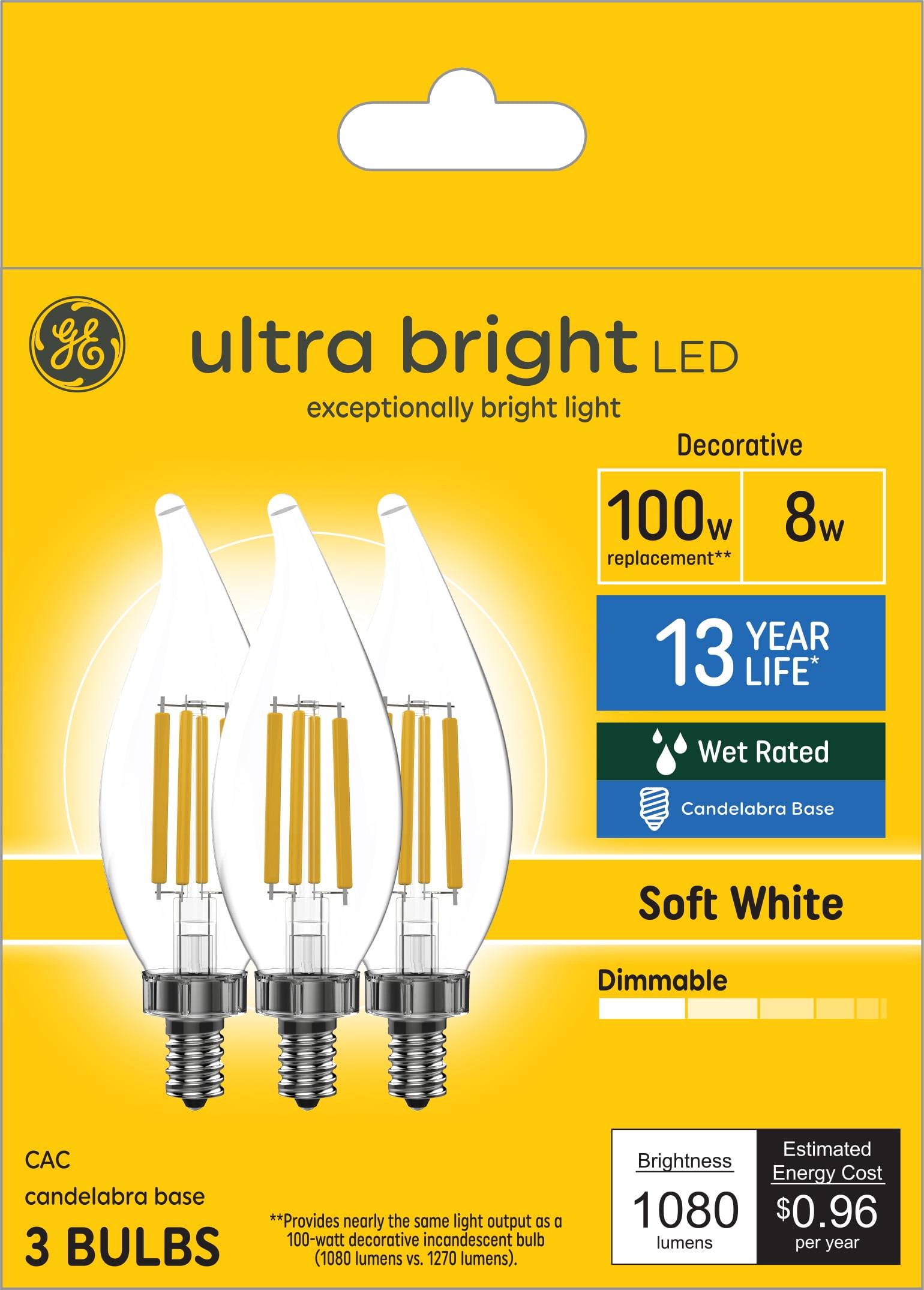 GE Ultra Bright LED Light Bulbs, 100 Watt Eqv, CAC Decorative Light Bulbs, 3pk