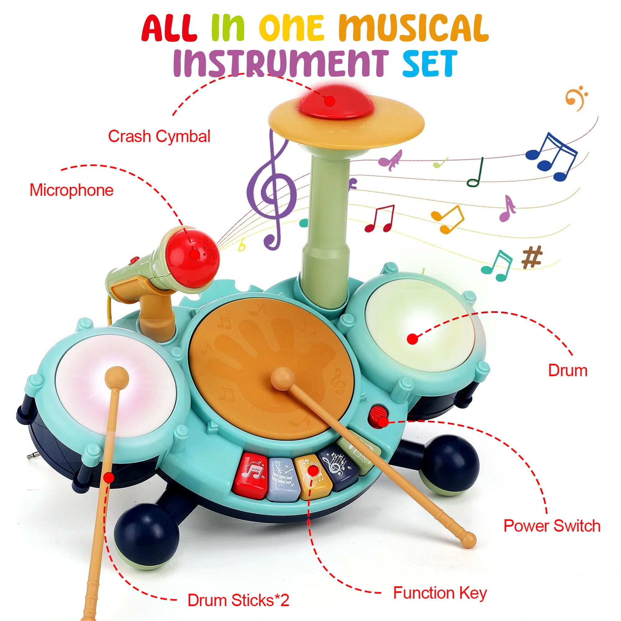 JBeeCtrl Toddler Drum Set for Kids 1-4 Kids Drum Set for 1-5 with 2 Sticks Musical Toys for 1 2 3 Year Old Boys Instrument Learning Developmental Baby BirthdayGift Blue