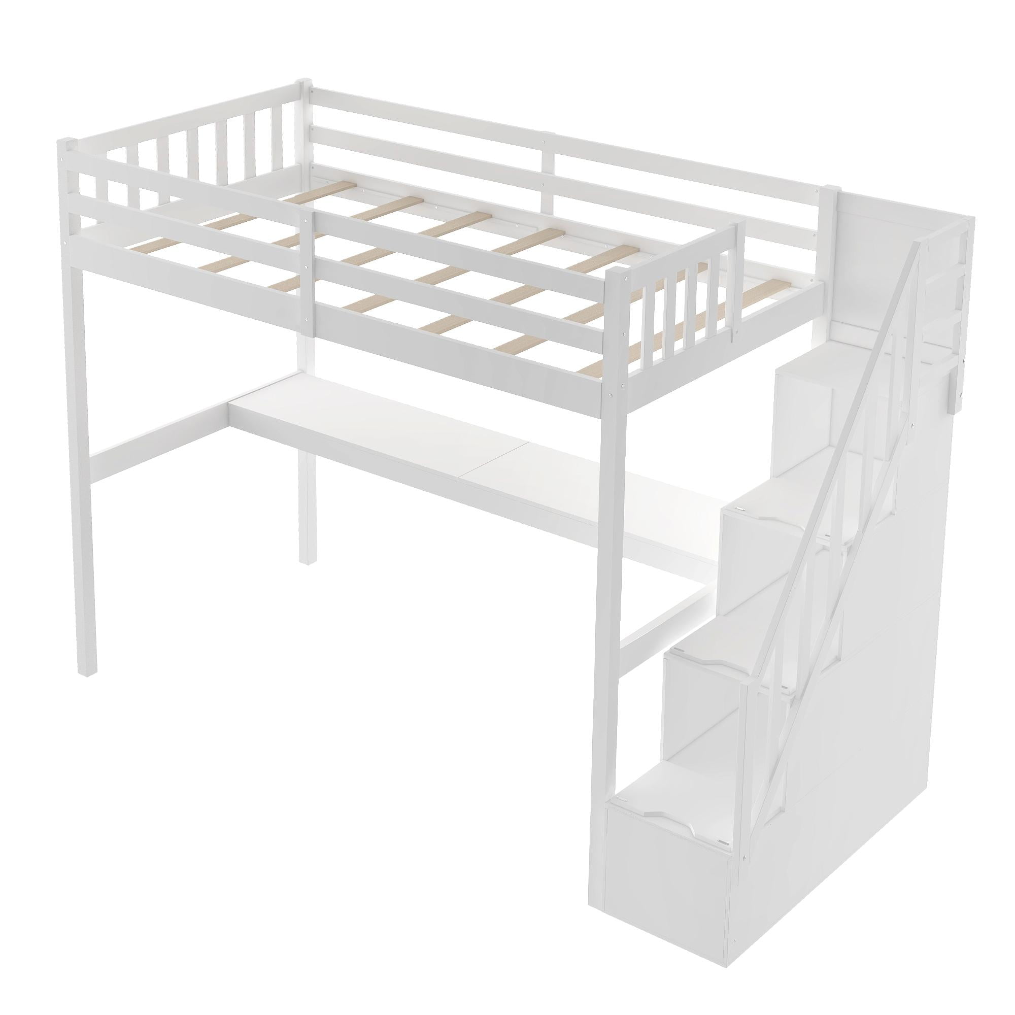 Twin Size Loft Bed With Staircase And Built In Desk Solid Wood Loft Bed Frame For Kids Teens Adults White Walmart Com
