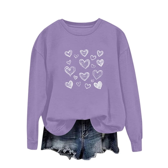 Womens Valentine's Day Sweatshirt, Purple Heart Print Oversized Crewneck, Cute Casual Valentine Gift with Hand-Drawn Hearts, Soft Long Sleeve Pullover,Size S