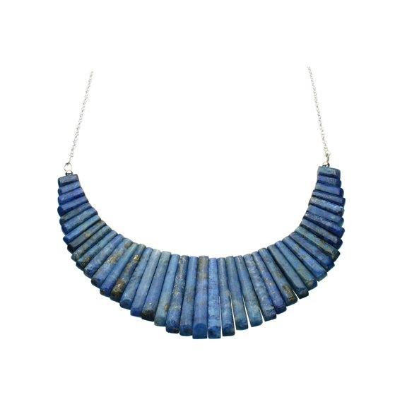 Blue Lapis Stone Fan Dagger Bib Sterling Silver Cable Chain Necklace 18 Inch