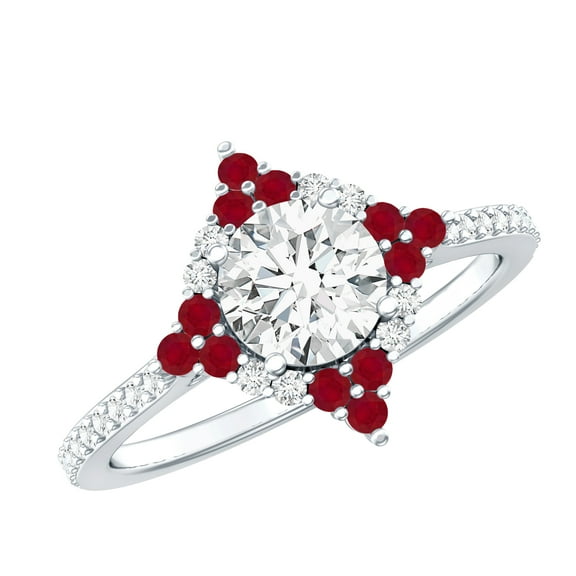 Rosec Jewels Lab Grown Diamond Halo Engagement Ring with Real Ruby - Statement Ring - EF-VS Quality, 925 Sterling Silver, US 4.00