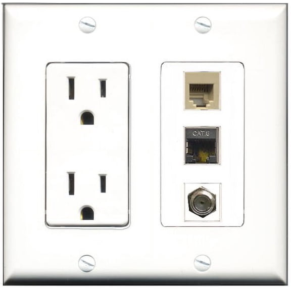 RiteAV - 15 Amp Power Outlet 1 Port Coax 1 Port Phone Beige 1 Port Shielded Cat6 Ethernet Ethernet Decorative Wall Plate