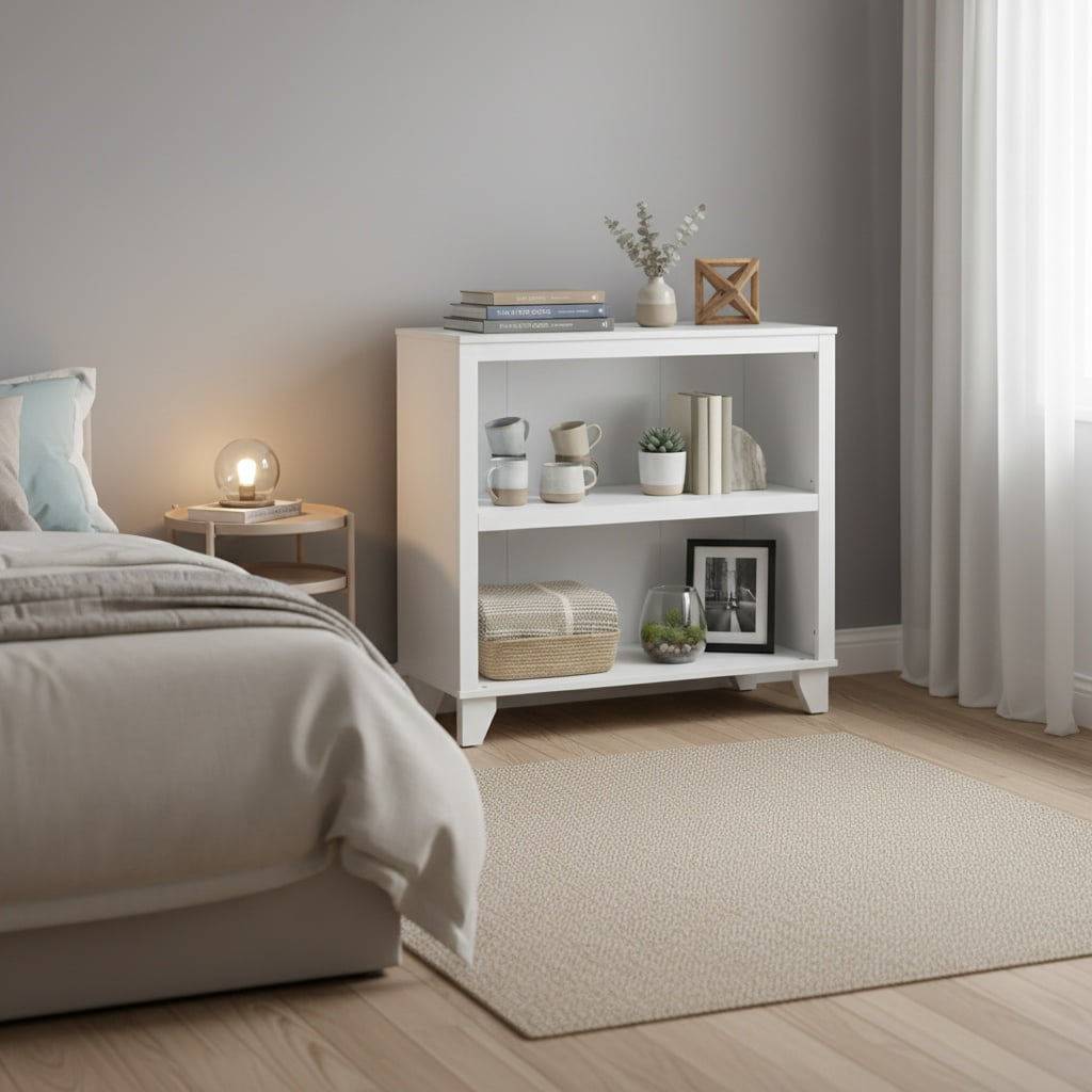 2-Tier Bookcase with Adjustable Shelves，27.56"W x 11.83"D x 28.11"H Floor Standing Open Bookshelf with Wood Legs for Home Office, Living Room, and Bedroom Storage,White