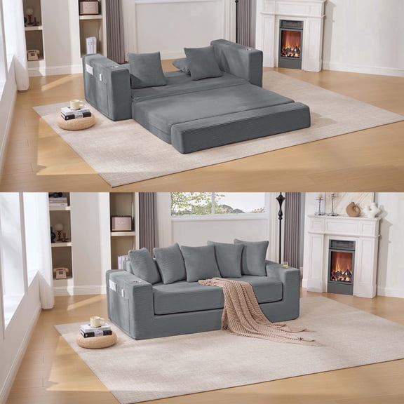 76" CAPCAEK Corduroy Sofa Bed, No Assembly 2-in-1 Sleeper Sofa with Cup Holders & Pockets, Foldable Pull Out Couch & Modern Couches for Living Room, Dark Gray