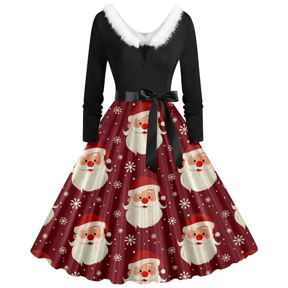 Womens Christmas Dress Christmas Party Outfits for Women Festive Flocked Long Sleeve Crewneck Irregular Hem Party Dress for Holiday Seasonal Celebration And