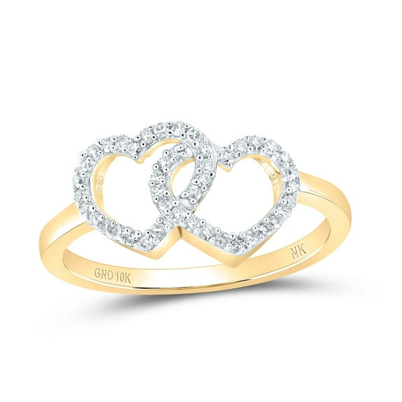 10K Yellow Gold Womens Round Diamond Double Heart Ring 1/5 Cttw, Womens Size: 5-10