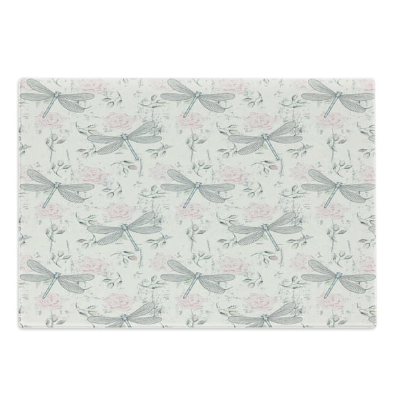 Dragonfly Cutting Board, Shabby Form Roses Worn Old Vintage Backdrop with Moth Bugs Print, Decorative Tempered Glass Cutting and Serving Board, Large Size, Pale Pink Pale Grey, by Ambesonne