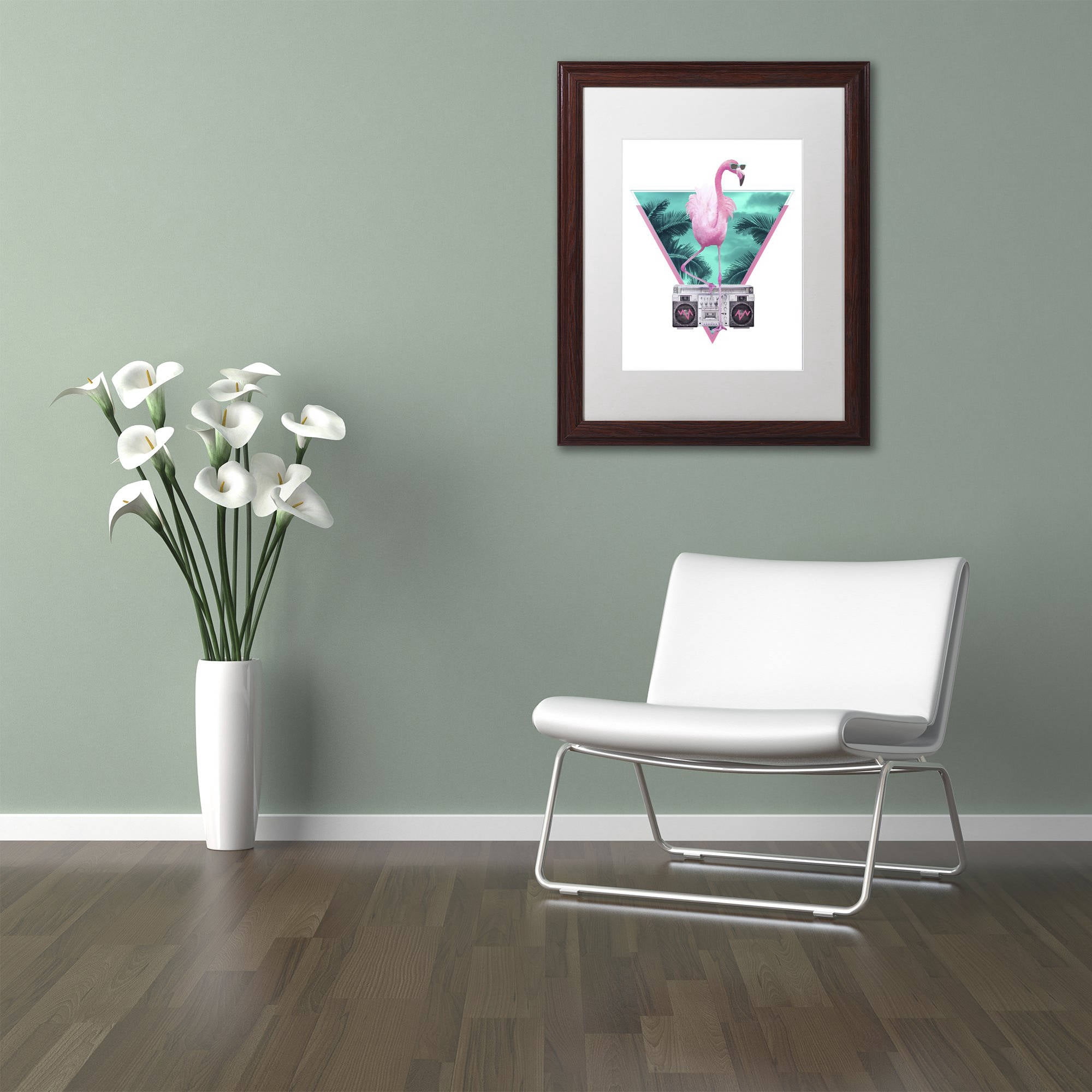Trademark Fine Art 'Miami Flamingo' Canvas Art by Robert Farkas, White Matte, Wood Frame