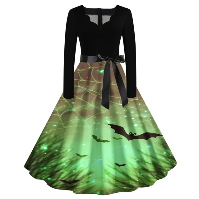 Long Dress with Sleeves,Summer Casual Dress,Ladies Casual Long Sleeved V-Neck Printed Fashionable Strap Dress