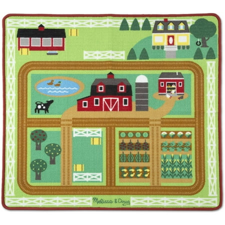 36 Round Hooked Rug - Melissa and Doug Round the Barnyard Farm Activity Play Rug Wooden Tractor, Trailer, 3 Toy Animals, 39