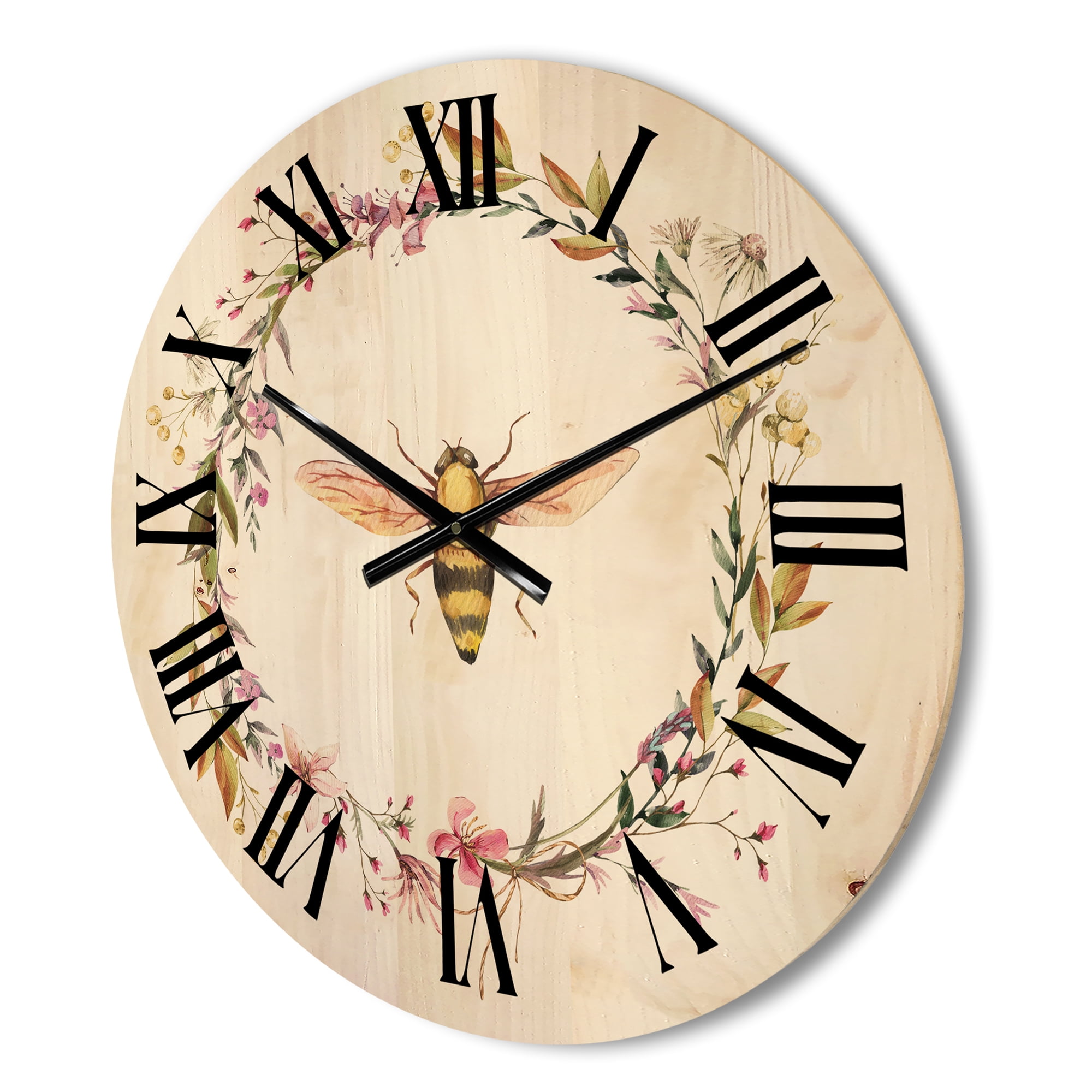 Designart 'Wildflowers Wreath and A Bee' Farmhouse Wood Wall Clock
