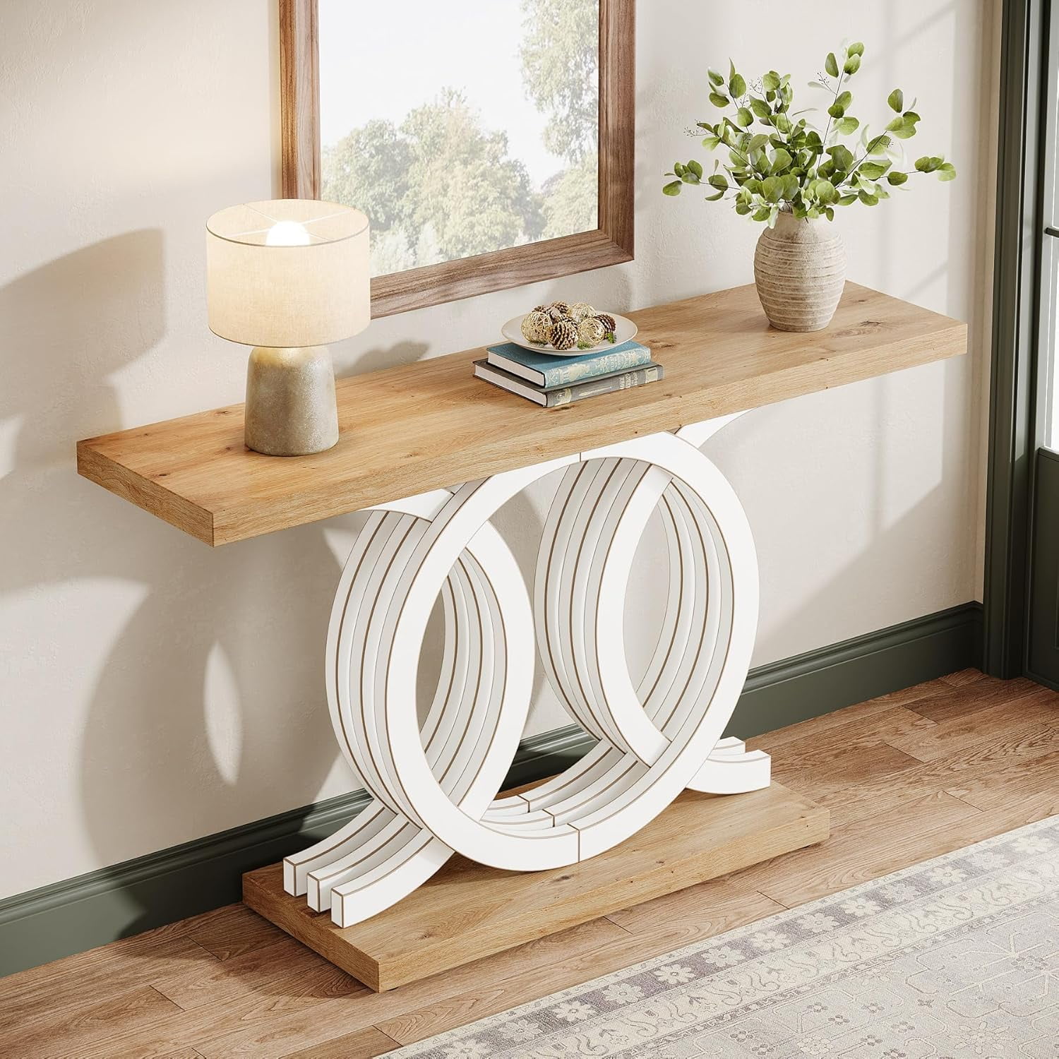 Finmind 55" Console Table with Geometric Wood Base, Modern Entryway Table, White