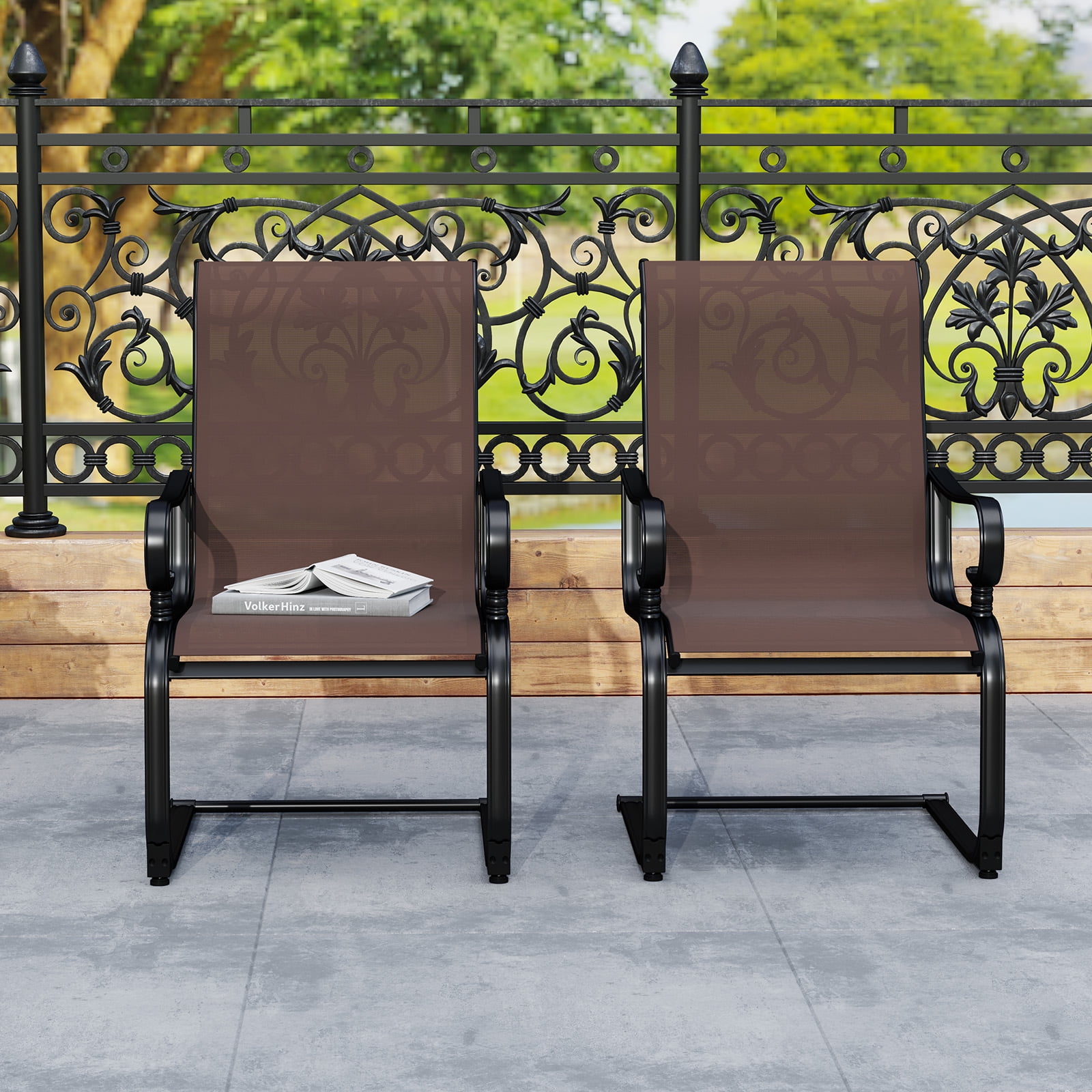 Gymax Patio Dining Chairs Set of 4 C-Spring Motion Patio Chairs w/ Metal Frame Brown & Black