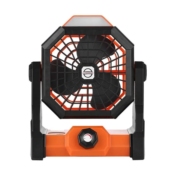 Ventilador de batería de 7800 mAh con linterna LED, ventilador de camping recargable con gancho para tienda de campaña, huracán al aire libre, (naranja)