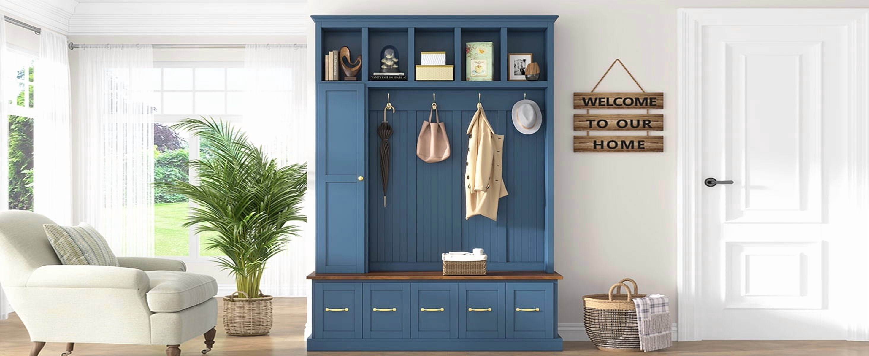 Mintazer 78.7” Tall Farmhouse Entryway Hall Tree with Coat Rack Hooks, 2 Closet, 5 Drawers & Shoe Storage Bench for Living Room, Bedroom, Hallway, Navy Blue