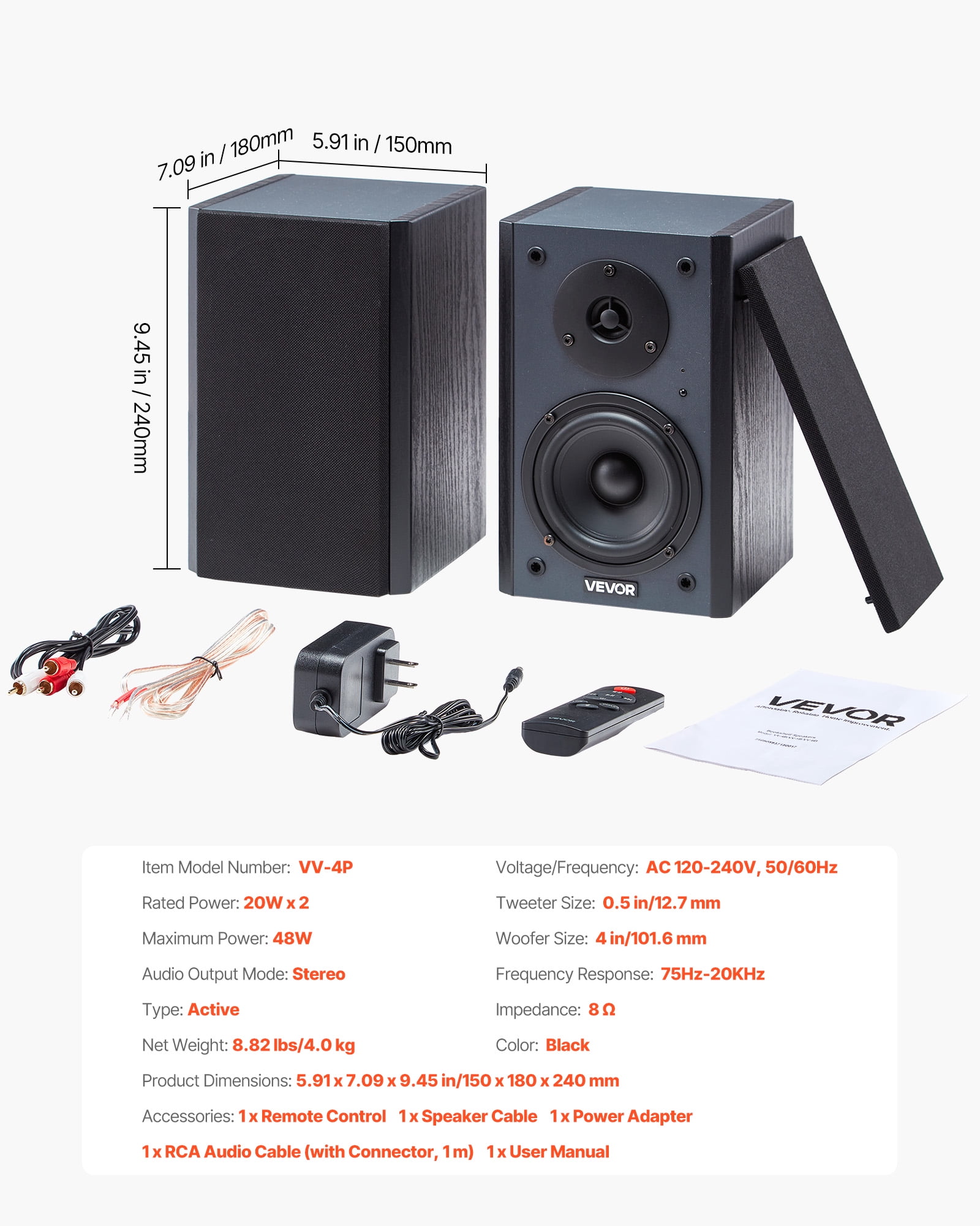 VEVOR Powered Bookshelf Speakers, 20W x 2, Active Studio Monitor Speaker with 4 Inch Woofer, Adjustable Volume and Audio with Bluetooth Optical Connection, Wooden Enclosure, for Record Player PC TV