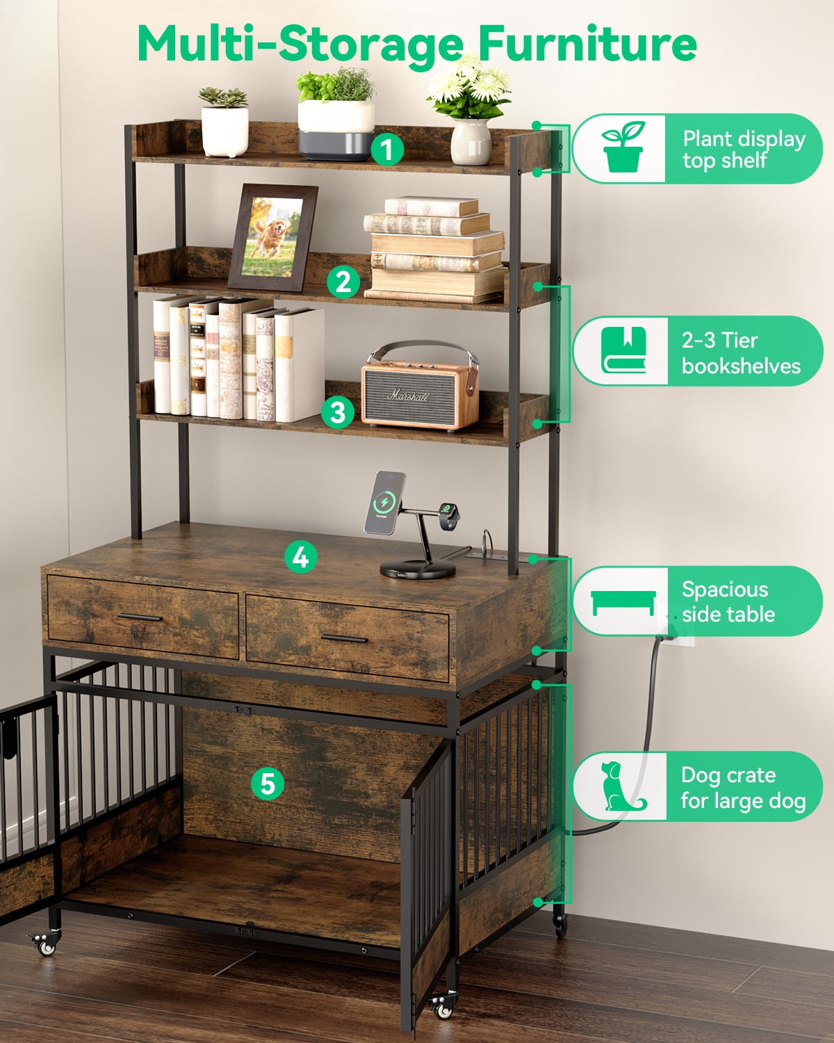 Behost 39" Dog Crate Kennel Cage Furniture for Large Dogs with 3-Tier Storage and Lockable Wheels LED Light Rustic Brown