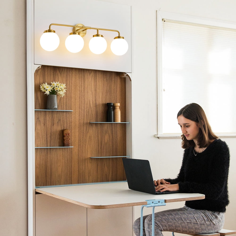 Vanity Lights for Bathroom Gold 4-Light Globe Mordern Vanity Light Fixtures Over Mirror with White Globe Shade