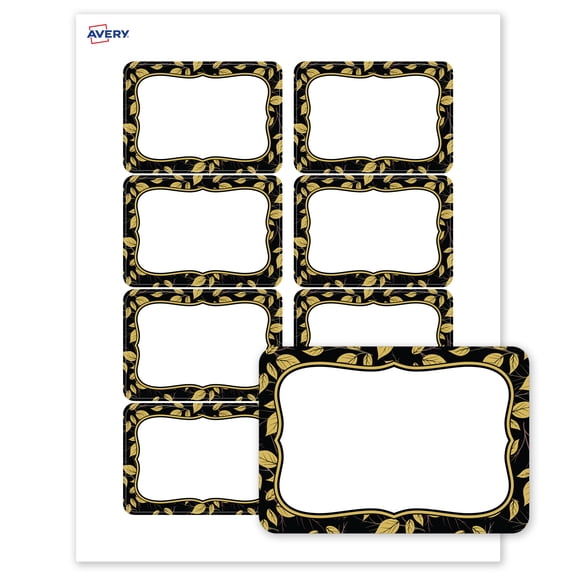 Avery Name Badges, 2-1/3" x 3-3/8", Black Flourish & Gold Leaves