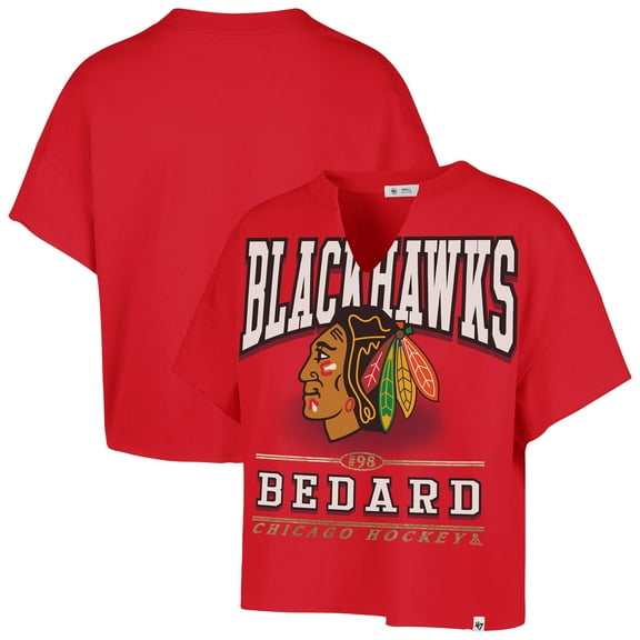 Women's '47 Connor Bedard Red Chicago Blackhawks Elation Name & Number Oversized Notch Neck T-Shirt