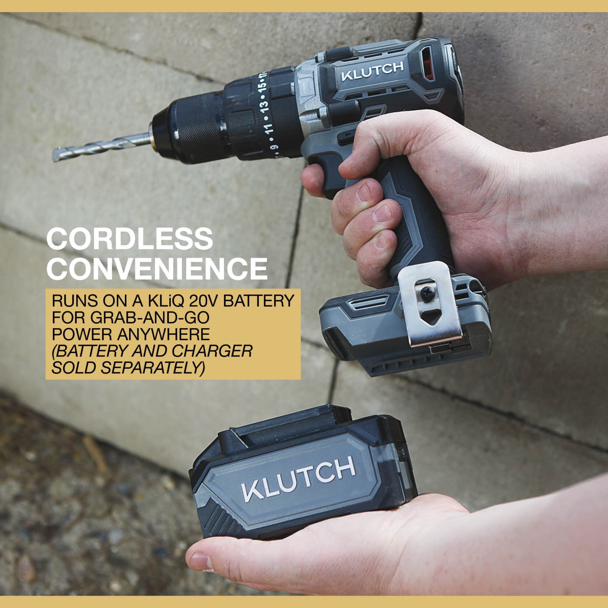 Klutch 1/2in. Hammer Drill/Driver, KLiQ 20V, 440 In./Lbs. Breakaway Torque, Brushless, Cordless, Bare Tool