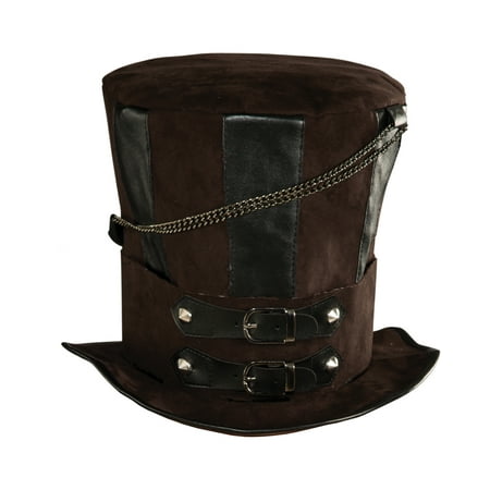 Deluxe Mens Womens Steampunk Brown Costume Chains Buckle Faux Leather Top Hat