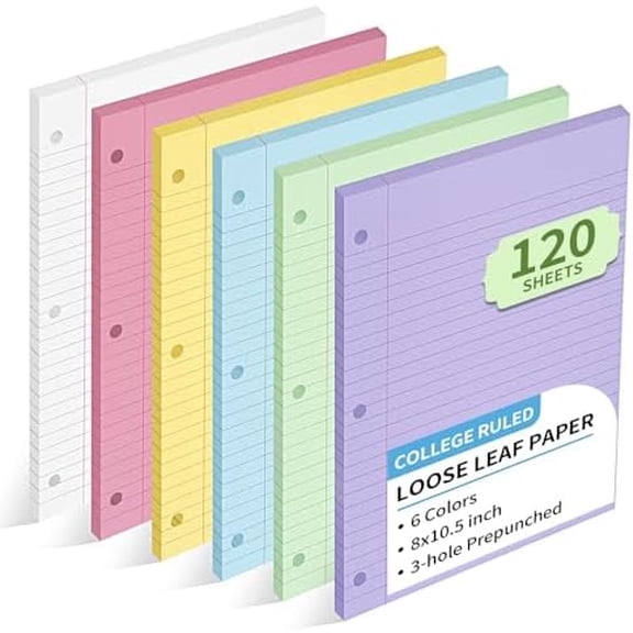 6 Color Loose Leaf Paper College Ruled, 120 Sheets 8" X 10.5" Colored Notebook Paper, 3-Hole Punched 70 Gsm Lined Paper For 3-Ring Binders, Loose Leaf Office Paper