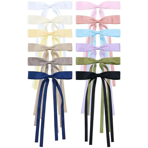 12 Pieces Silky Cotton Ribbon Hair Bows for Women, Bow Hair Barrettes with Long Tail Ribbon Bow Alligator Hair Clips Hair Accessories for Women Girls Teens Kids