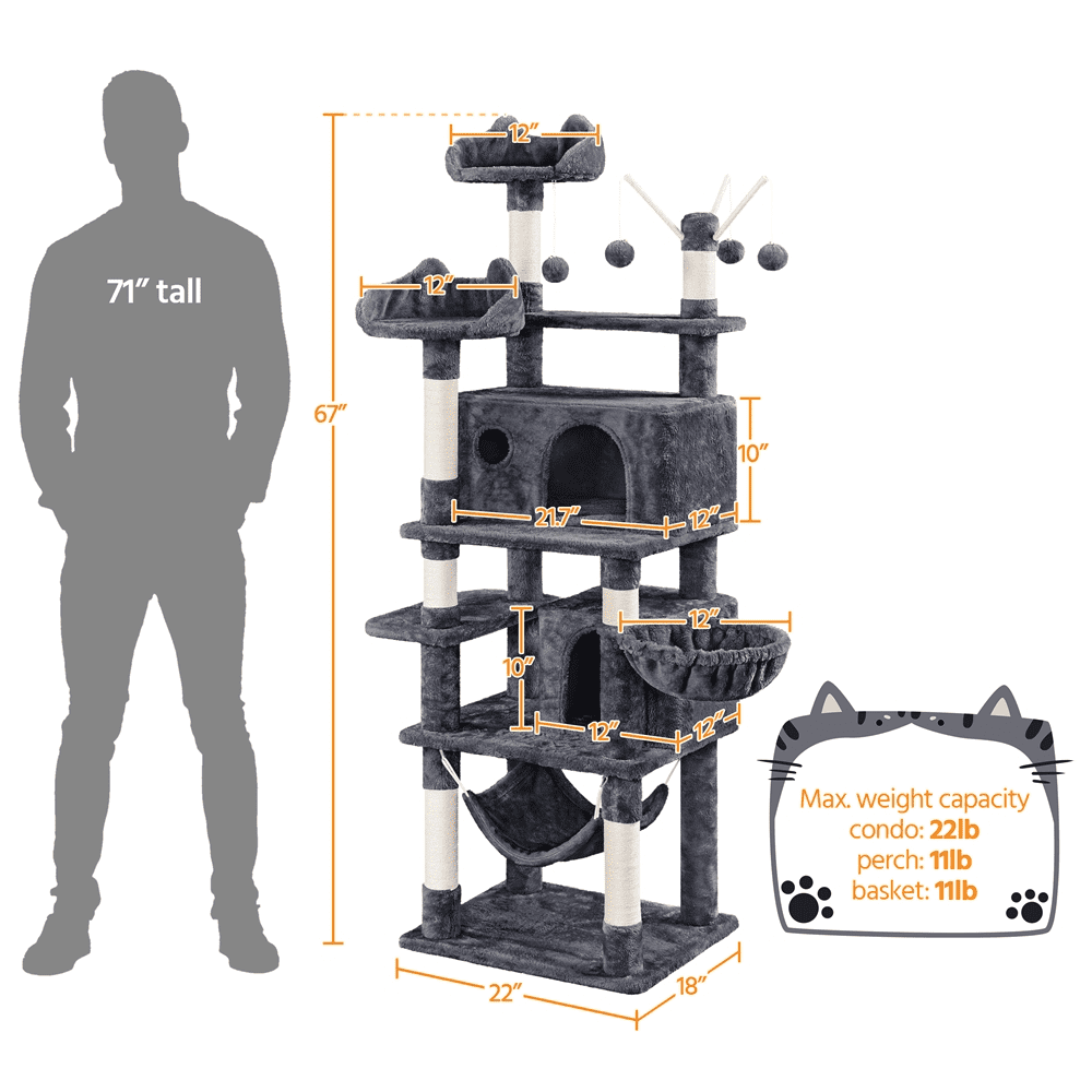 Alden Design 67" H Multi-Level Cat Tree Tower with 2 Cat Condos & Hammock Basket, Dark Gray