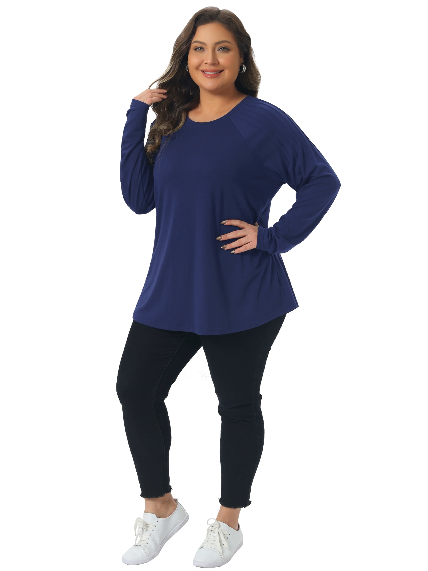 DARING DIVA Women's Plus Top Crew Neck Pleated Shirts Loose Fit Tunic Tops 4X Navy Blue