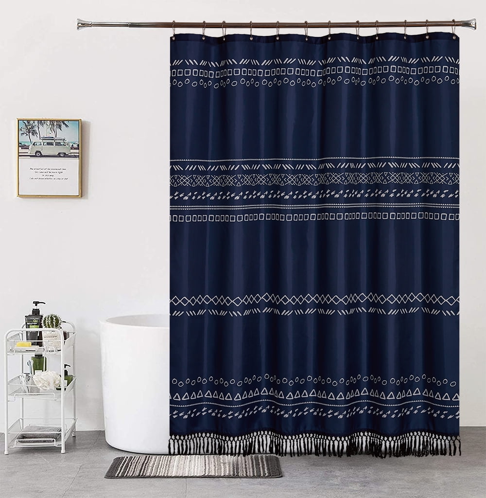 Navy Blue Boho Stall Shower Curtain with Tassel,Fabric Modern Farmhouse