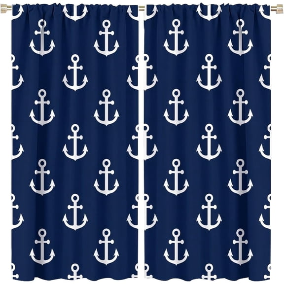 Anchor Curtains Vintage Rustic Ocean Nautical Style Navy Blue White Bedroom Living Room Bathroom Blackout Rod Pocket Decoration Window Drapes 42x54in